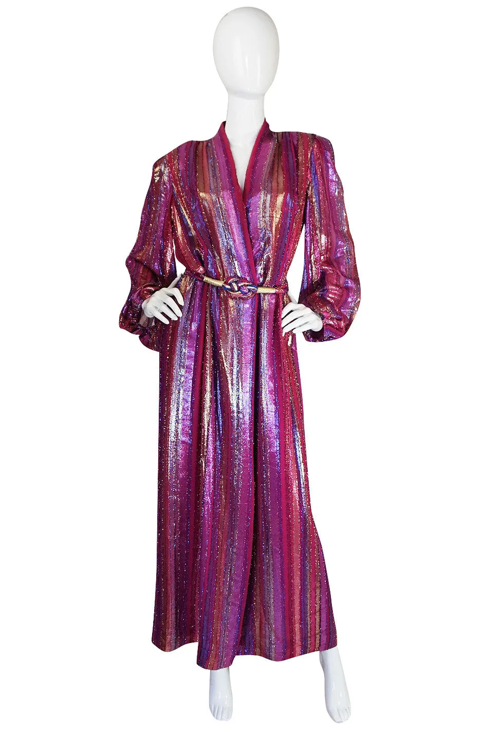 1970s Striped Metallic Victor Costa Wrapped Maxi Dress