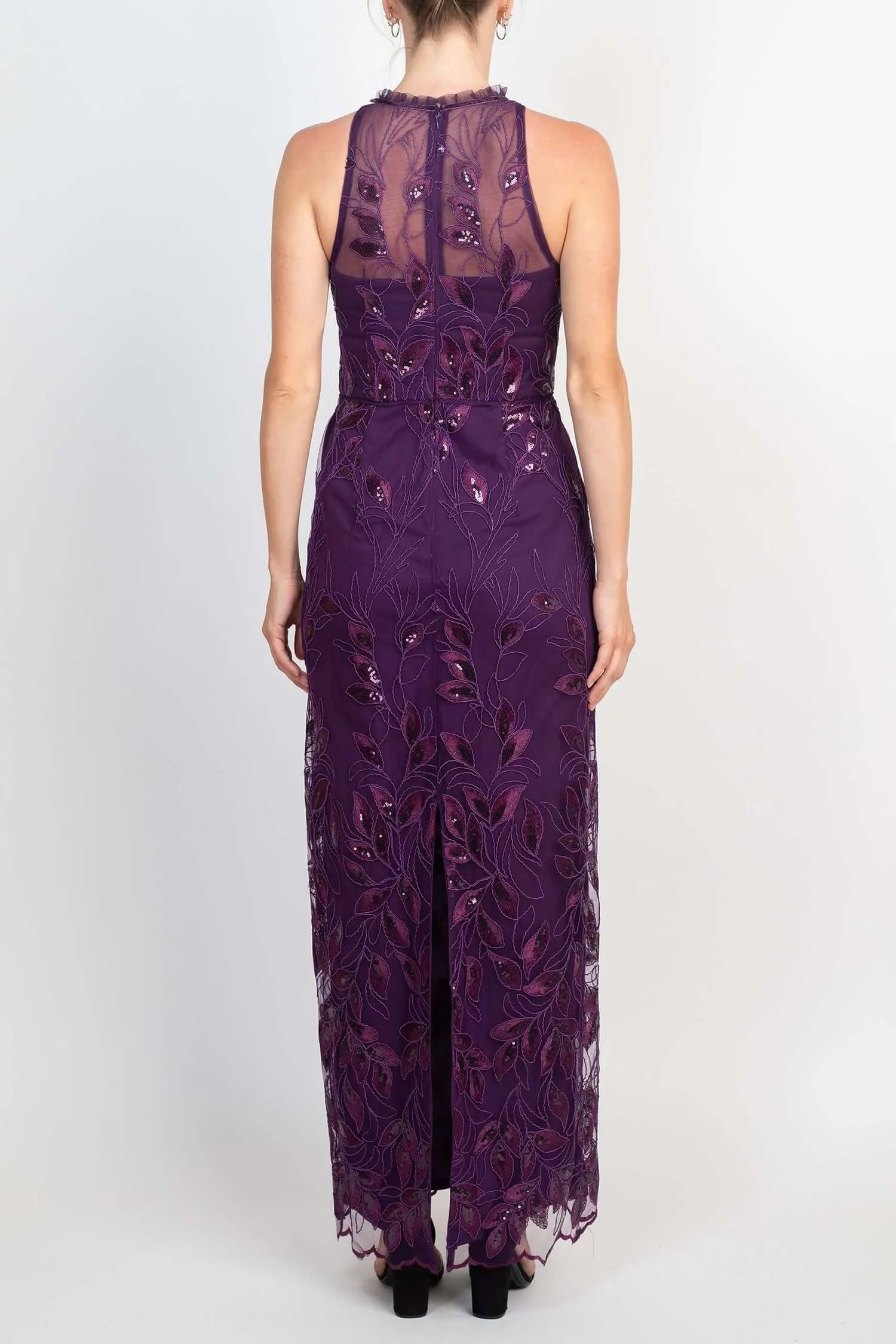 Adrianna Papell Ruffled Halter Neck Sleeveless Embroidered Empire Waist Zipper Back Slit Back Mesh Gown