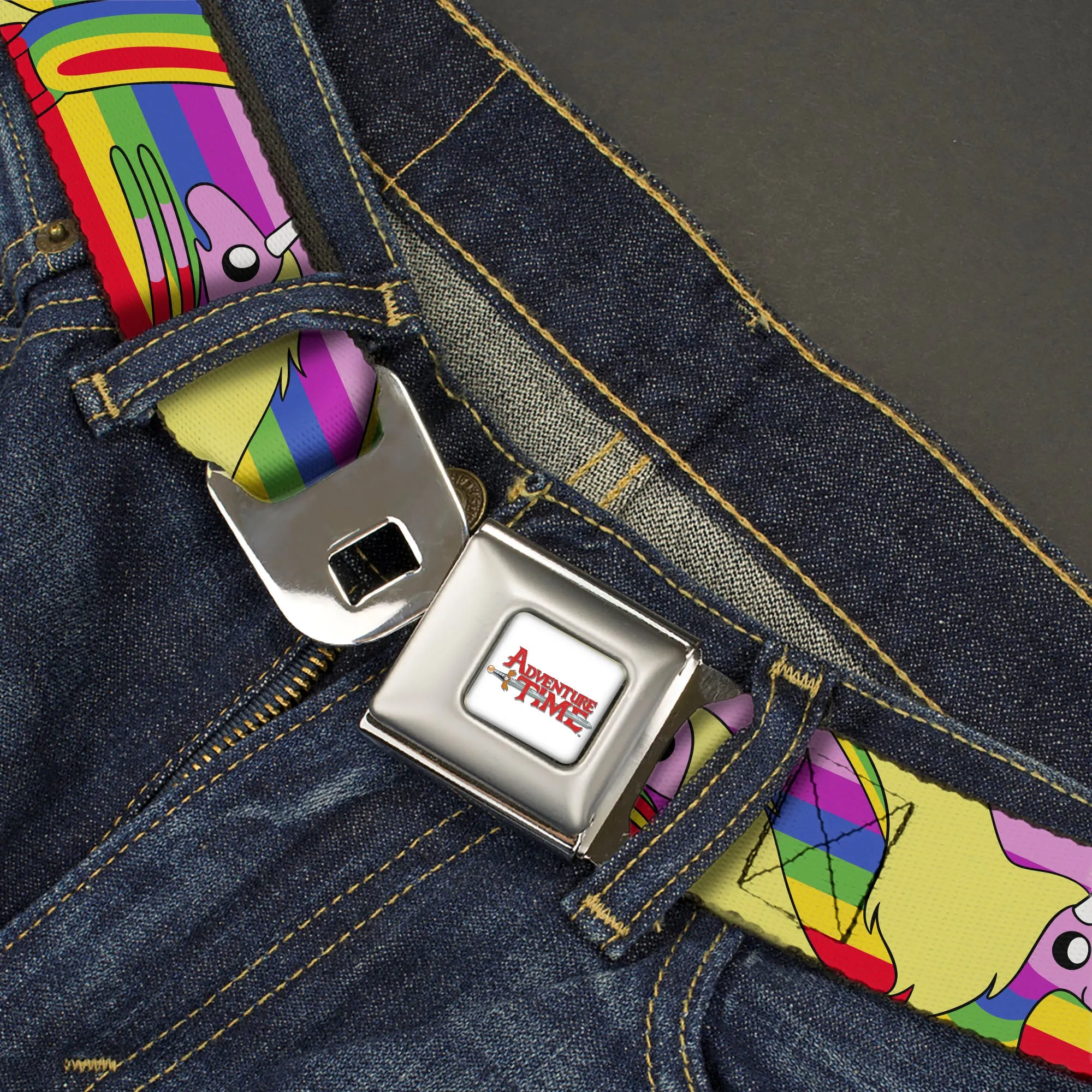 ADVENTURE TIME Title Logo Full Color White Seatbelt Belt - Adventure Time Lady Raincorn Poses Stripe Rainbow Webbing