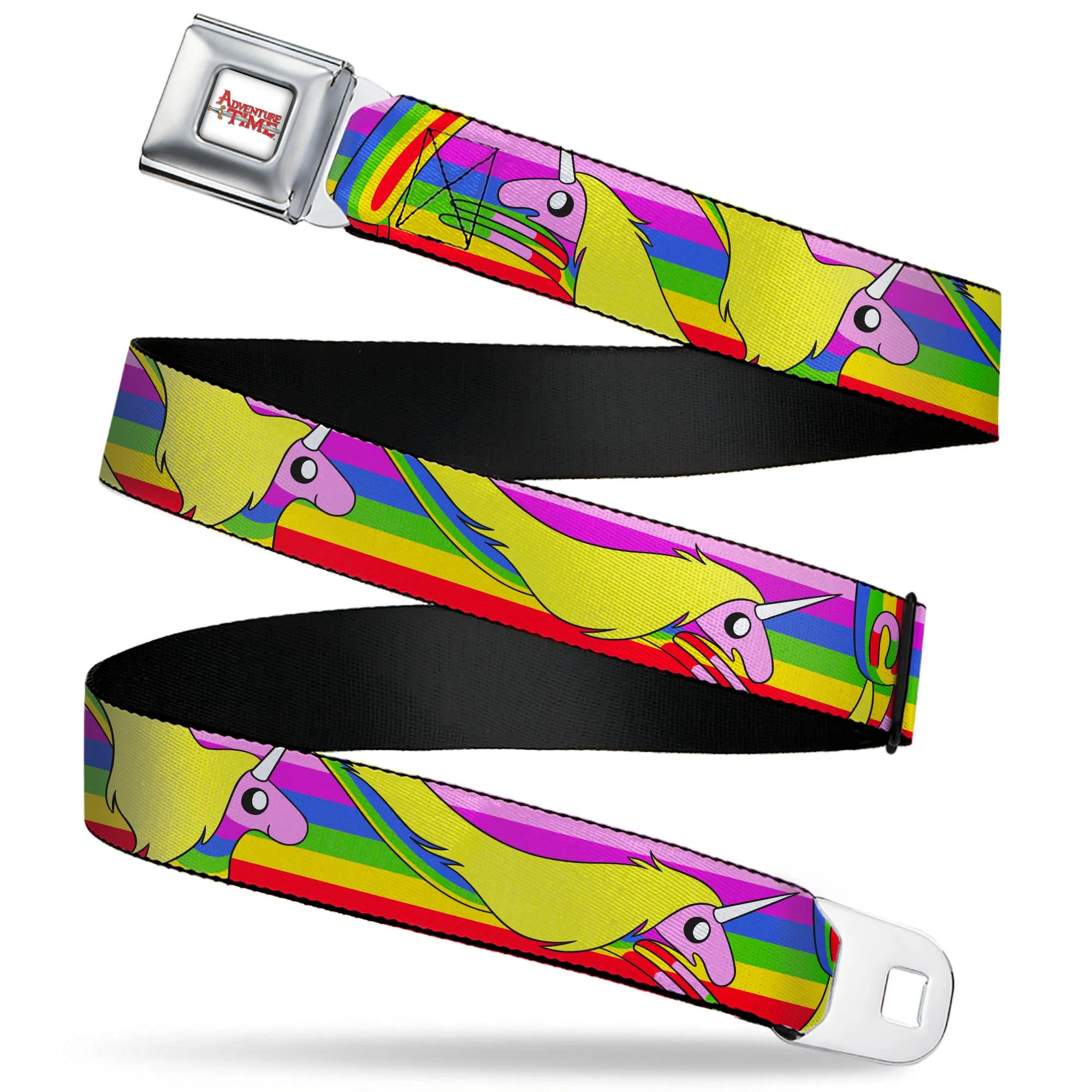 ADVENTURE TIME Title Logo Full Color White Seatbelt Belt - Adventure Time Lady Raincorn Poses Stripe Rainbow Webbing