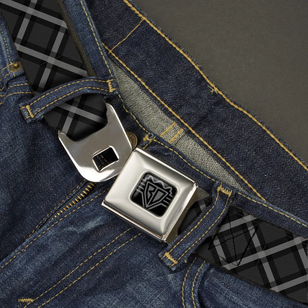 BD Wings Logo CLOSE-UP Black/Silver Seatbelt Belt - Buffalo Plaid X Charcoal/Black/Gray Webbing