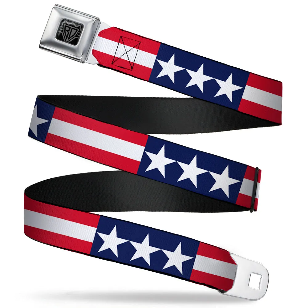 BD Wings Logo CLOSE-UP Full Color Black Silver Seatbelt Belt - Americana Stars & Stripes Webbing