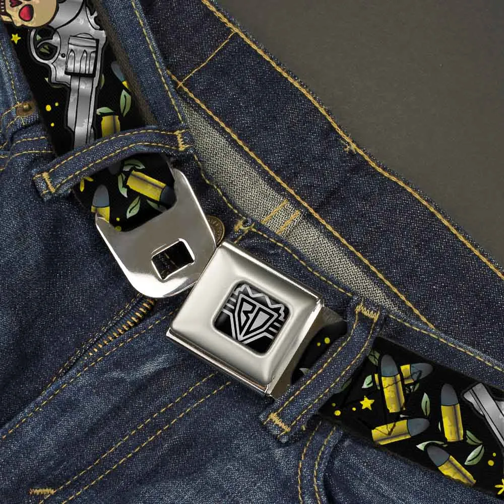 BD Wings Logo CLOSE-UP Full Color Black Silver Seatbelt Belt - Born to Raise Hell CLOSE-UP Black Webbing