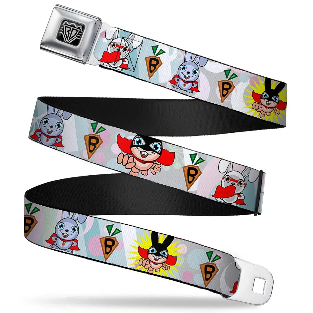 BD Wings Logo CLOSE-UP Full Color Black Silver Seatbelt Belt - Bunny Superhero Multi Pastel Webbing