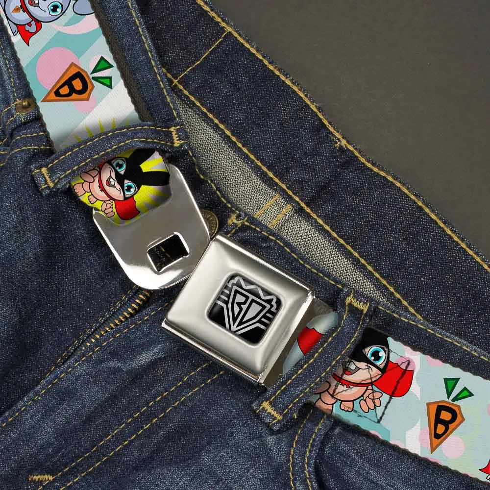 BD Wings Logo CLOSE-UP Full Color Black Silver Seatbelt Belt - Bunny Superhero Multi Pastel Webbing