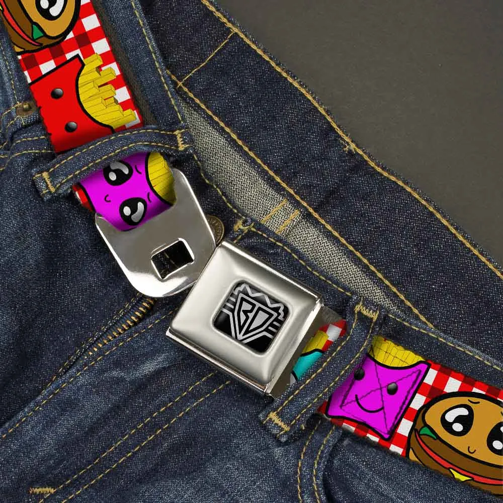 BD Wings Logo CLOSE-UP Full Color Black Silver Seatbelt Belt - Burger & Fries Cartoon Webbing