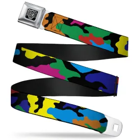 BD Wings Logo CLOSE-UP Full Color Black Silver Seatbelt Belt - Camo Multi Neon Webbing