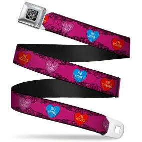 BD Wings Logo CLOSE-UP Full Color Black Silver Seatbelt Belt - Candy Hearts Webbing