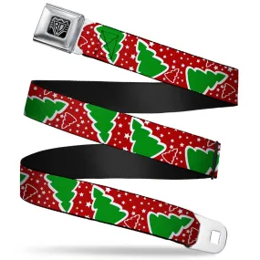 BD Wings Logo CLOSE-UP Full Color Black Silver Seatbelt Belt - Christmas Trees/Stars Red/White/Green Webbing