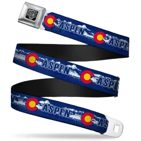 BD Wings Logo CLOSE-UP Full Color Black Silver Seatbelt Belt - Colorado ASPEN Flag/Snowy Mountains Weathered2 Blue/White/Red/Yellows Webbing