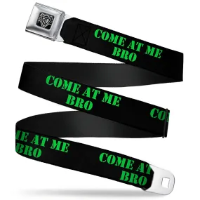 BD Wings Logo CLOSE-UP Full Color Black Silver Seatbelt Belt - COME AT ME-BRO Black/Green Stencil Webbing