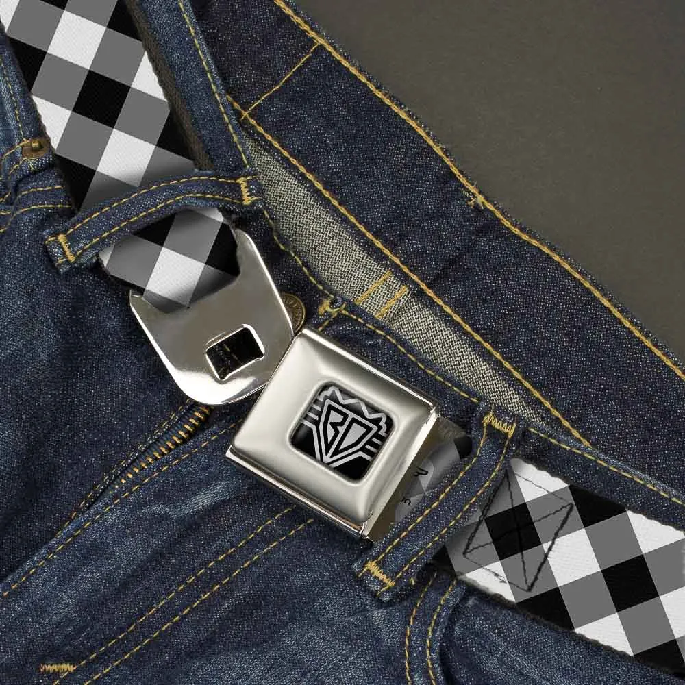 BD Wings Logo CLOSE-UP Full Color Black Silver Seatbelt Belt - Diagonal Buffalo Plaid Black/White Webbing