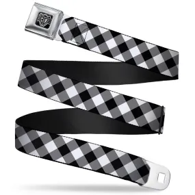 BD Wings Logo CLOSE-UP Full Color Black Silver Seatbelt Belt - Diagonal Buffalo Plaid Black/White Webbing