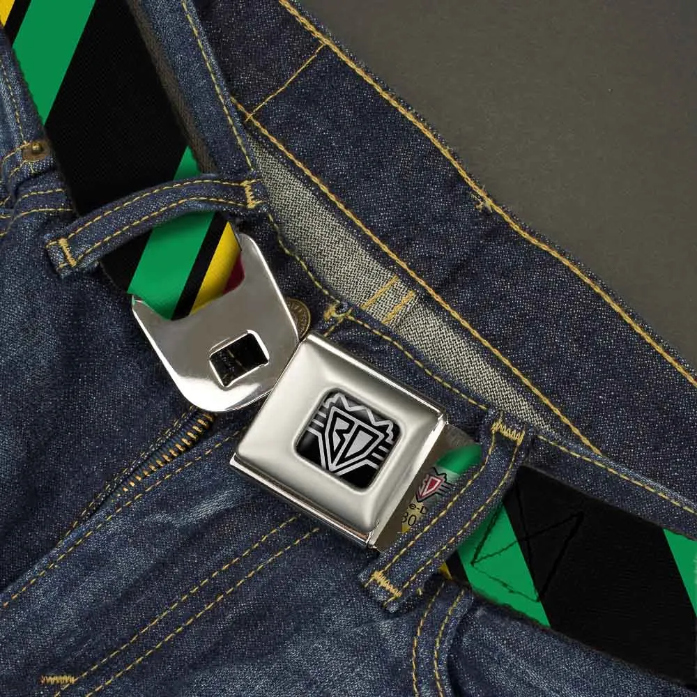 BD Wings Logo CLOSE-UP Full Color Black Silver Seatbelt Belt - Diagonal Stripes Black/Green/Yellow/Red Webbing