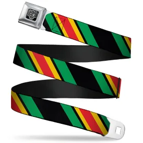 BD Wings Logo CLOSE-UP Full Color Black Silver Seatbelt Belt - Diagonal Stripes Black/Green/Yellow/Red Webbing