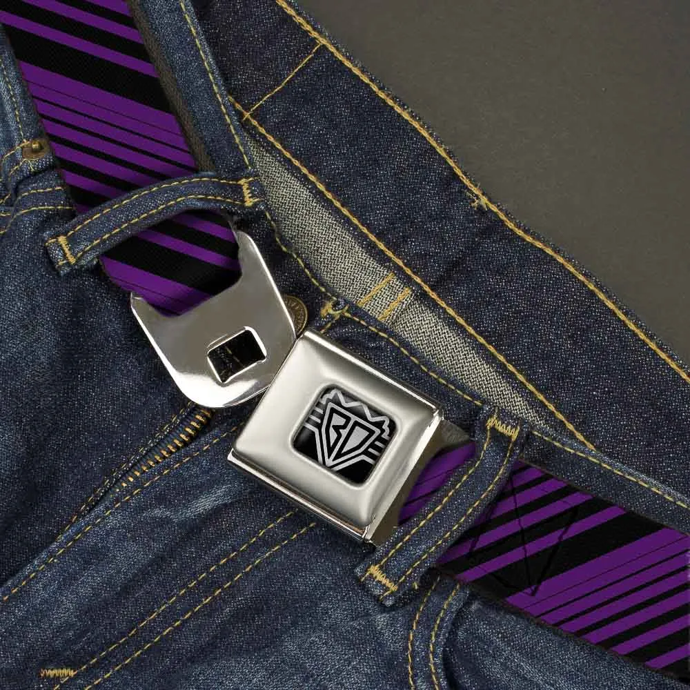 BD Wings Logo CLOSE-UP Full Color Black Silver Seatbelt Belt - Diagonal Stripes Black/Purple Webbing