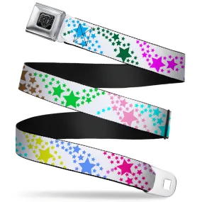 BD Wings Logo CLOSE-UP Full Color Black Silver Seatbelt Belt - Falling Stars White/Multi Color Webbing