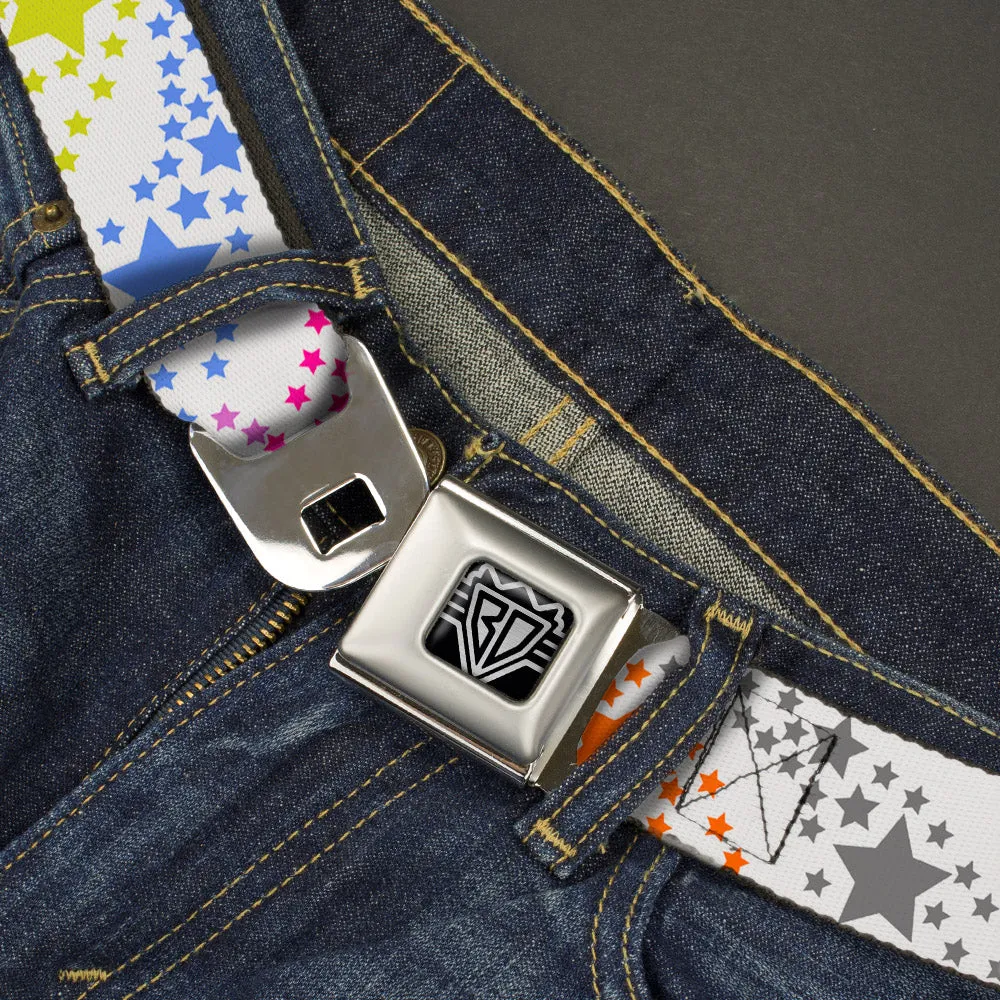 BD Wings Logo CLOSE-UP Full Color Black Silver Seatbelt Belt - Falling Stars White/Multi Color Webbing