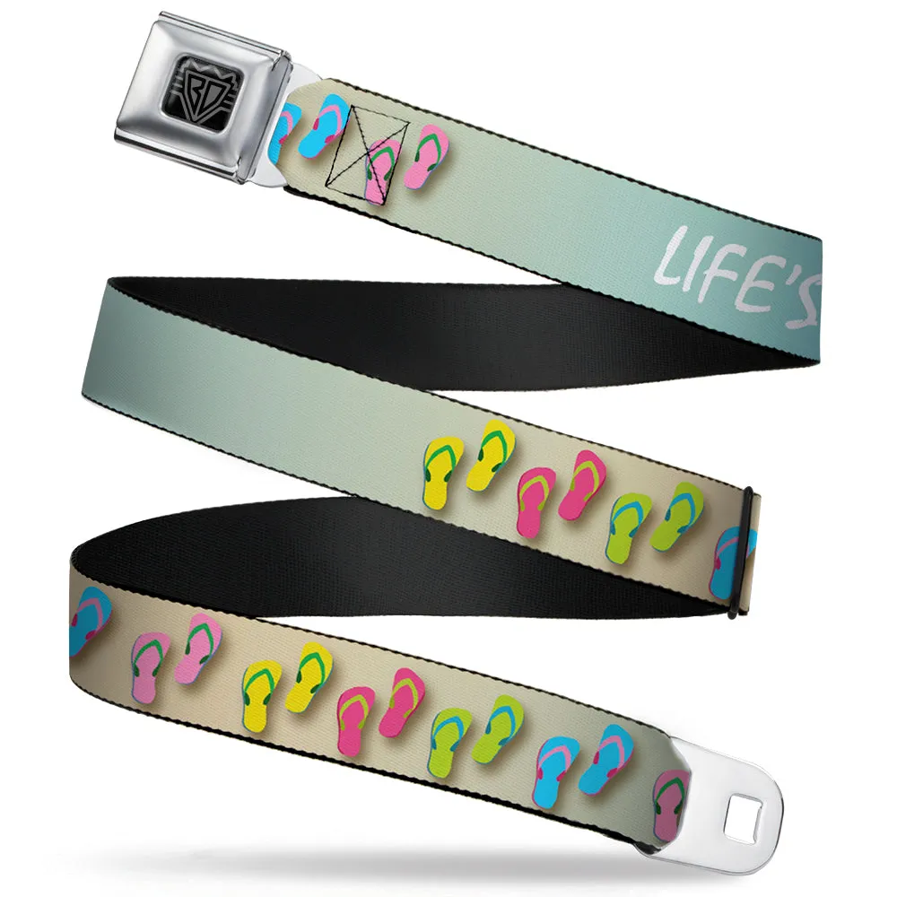 BD Wings Logo CLOSE-UP Full Color Black Silver Seatbelt Belt - Flip Flops7 LIFE'S A BEACH Tan/Aqua/White Webbing