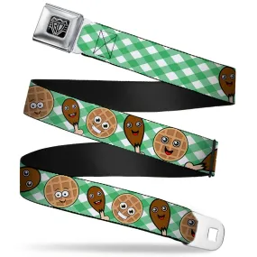 BD Wings Logo CLOSE-UP Full Color Black Silver Seatbelt Belt - Fried Chicken & Waffles Plaid White/Green Webbing