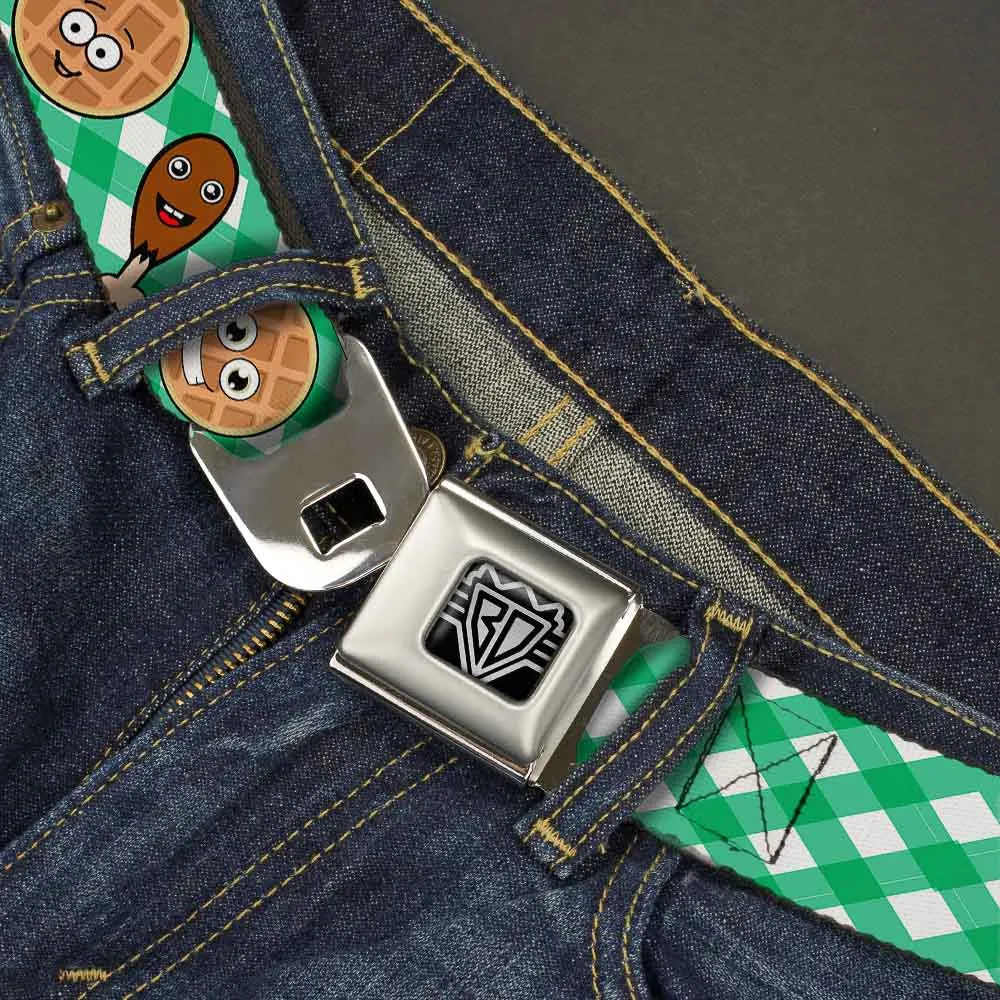 BD Wings Logo CLOSE-UP Full Color Black Silver Seatbelt Belt - Fried Chicken & Waffles Plaid White/Green Webbing