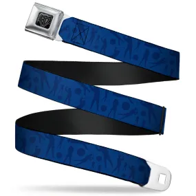 BD Wings Logo CLOSE-UP Full Color Black Silver Seatbelt Belt - Golfing Silhouettes Collage Blues Webbing