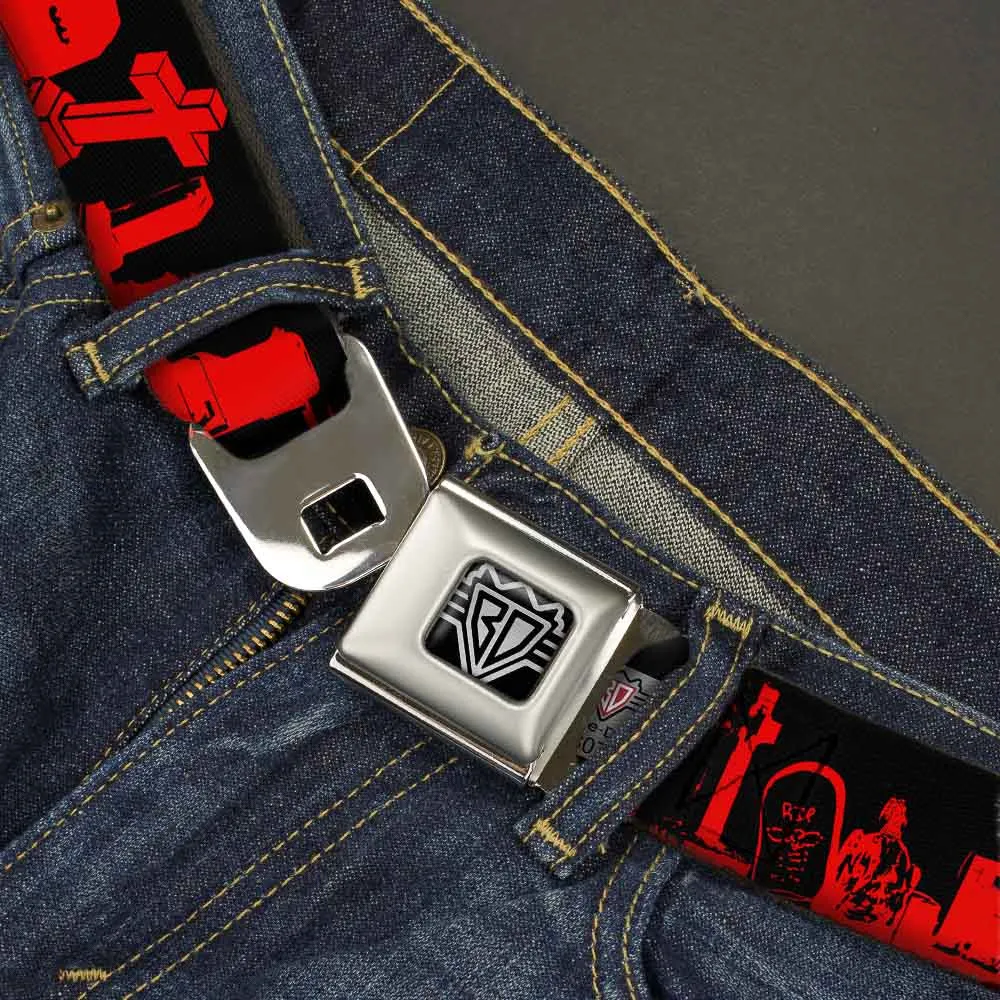 BD Wings Logo CLOSE-UP Full Color Black Silver Seatbelt Belt - Graveyard Black/Red Webbing