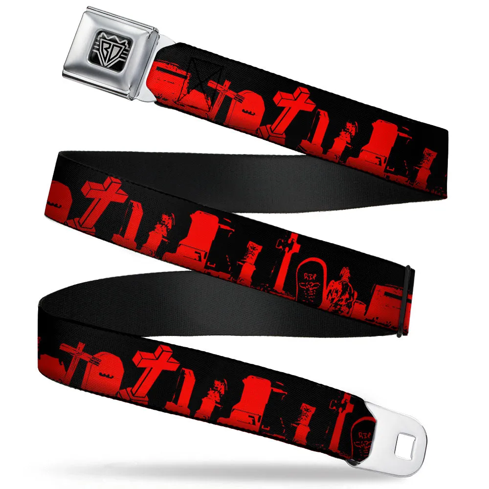 BD Wings Logo CLOSE-UP Full Color Black Silver Seatbelt Belt - Graveyard Black/Red Webbing