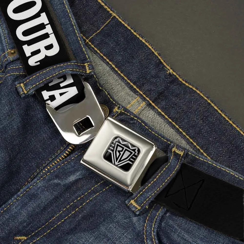 BD Wings Logo CLOSE-UP Full Color Black Silver Seatbelt Belt - IN YOUR FACE Black/White Webbing