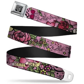 BD Wings Logo CLOSE-UP Full Color Black Silver Seatbelt Belt - Mom & Dad Pink Webbing