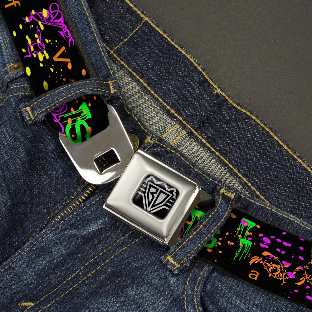 BD Wings Logo CLOSE-UP Full Color Black Silver Seatbelt Belt - Nautical Star Splatter Black/Neon Webbing