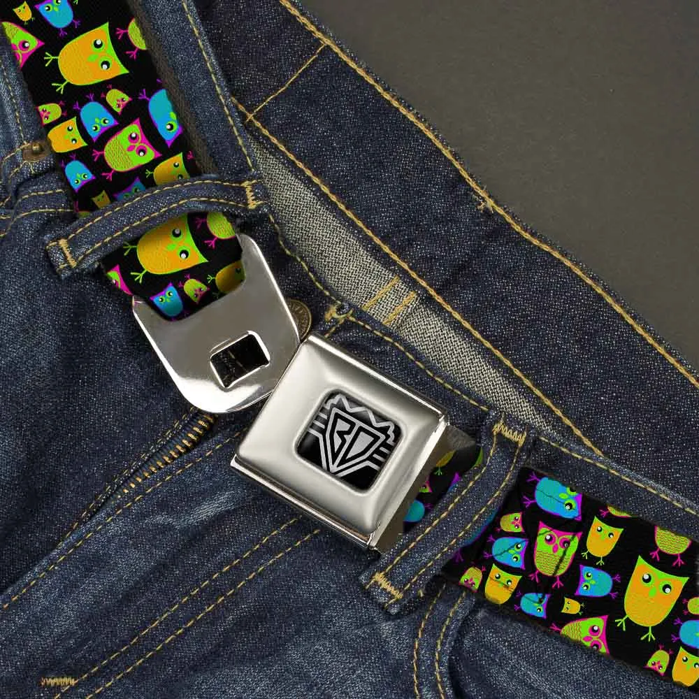 BD Wings Logo CLOSE-UP Full Color Black Silver Seatbelt Belt - Owls Black/Multi Neon Webbing