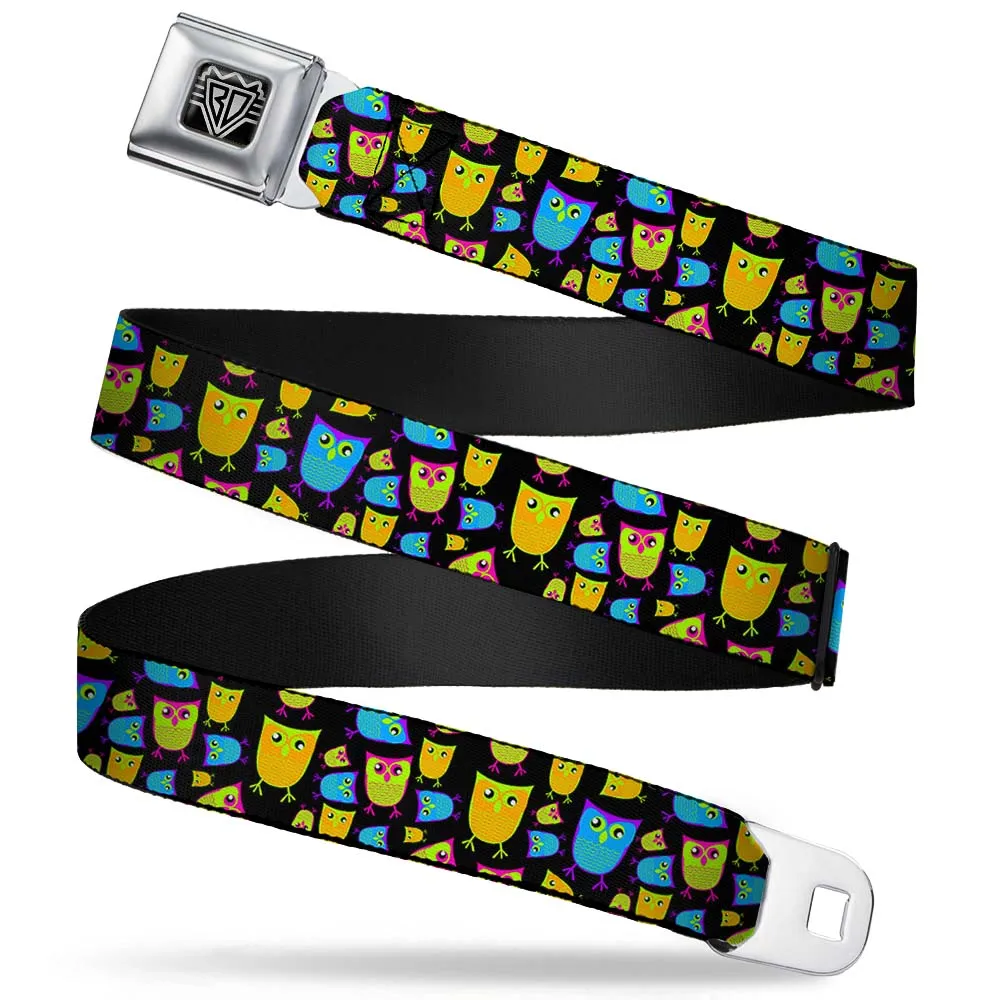 BD Wings Logo CLOSE-UP Full Color Black Silver Seatbelt Belt - Owls Black/Multi Neon Webbing