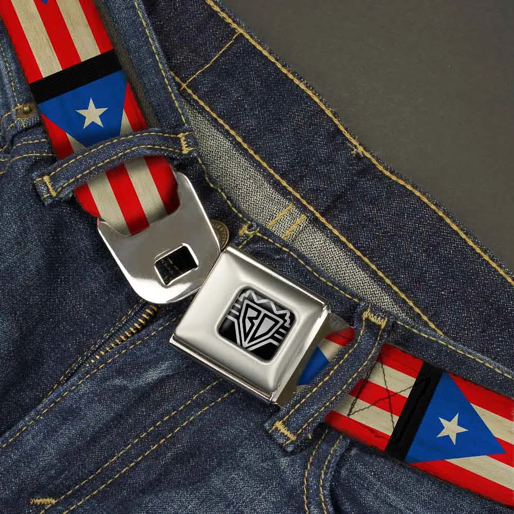 BD Wings Logo CLOSE-UP Full Color Black Silver Seatbelt Belt - Puerto Rico Flag Weathered Webbing