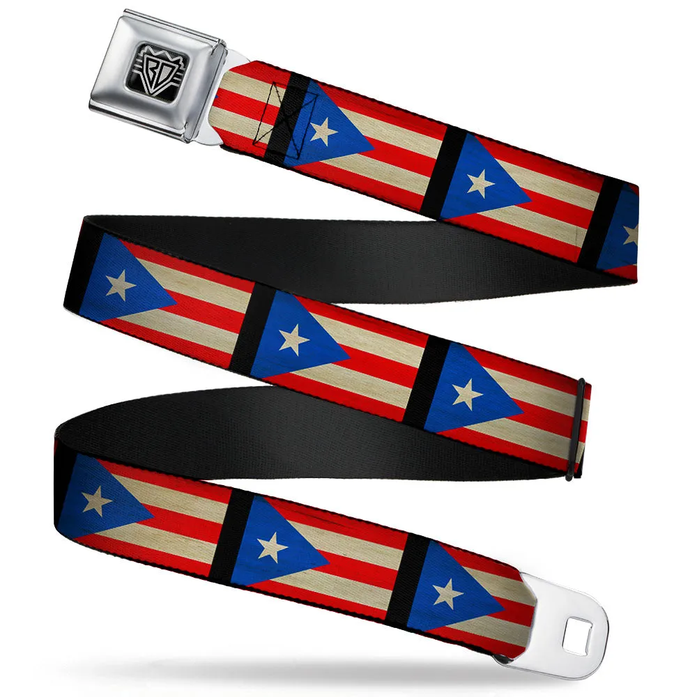 BD Wings Logo CLOSE-UP Full Color Black Silver Seatbelt Belt - Puerto Rico Flag Weathered Webbing