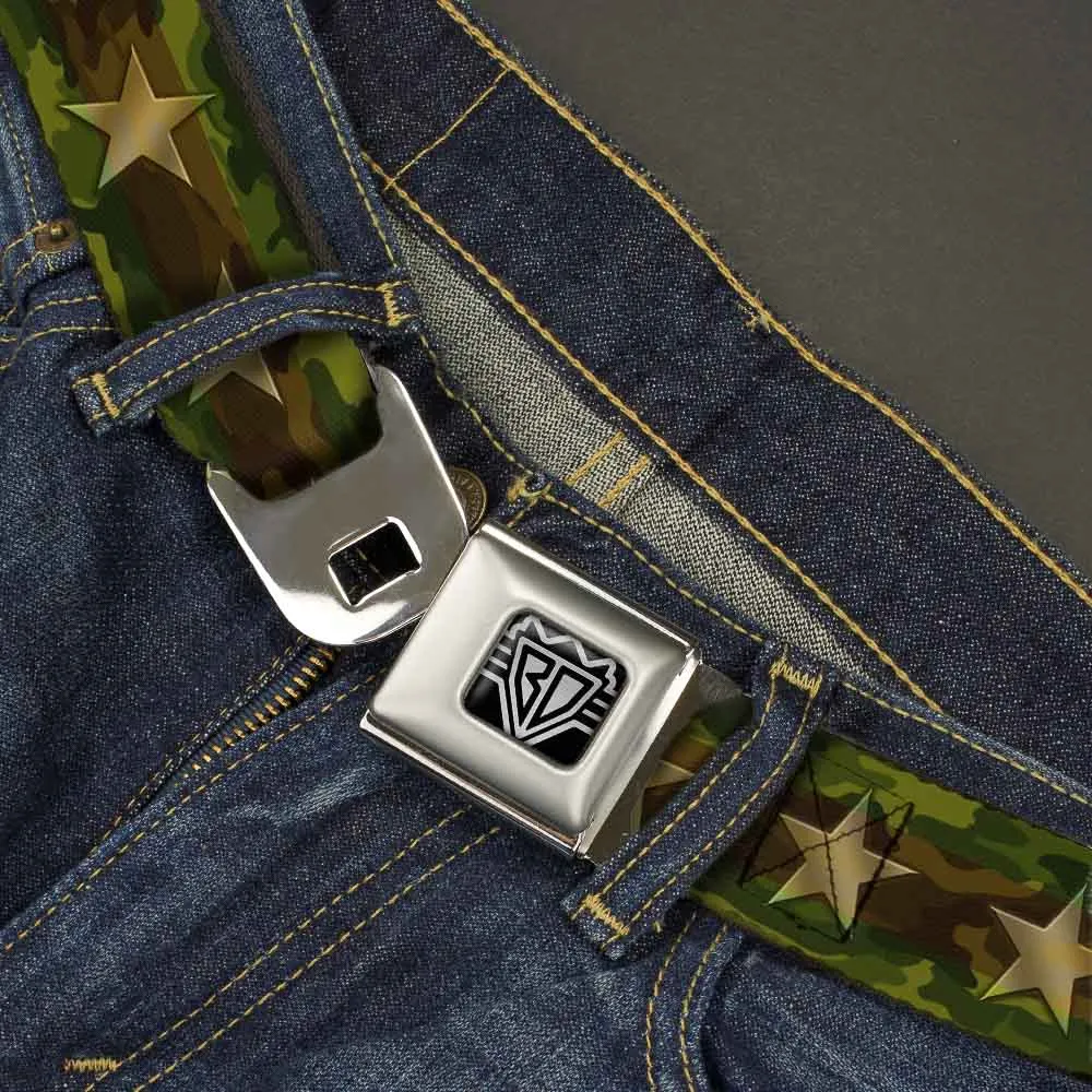 BD Wings Logo CLOSE-UP Full Color Black Silver Seatbelt Belt - Star Camo Olive/Gold Webbing