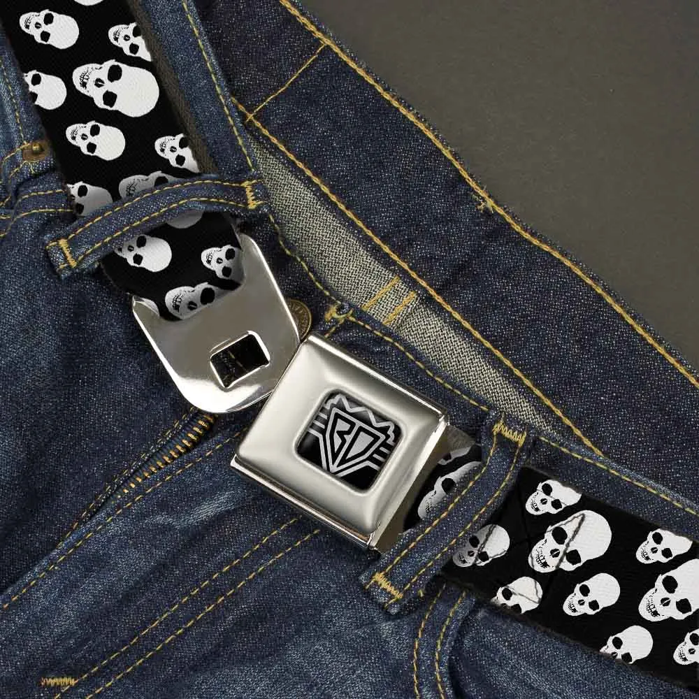 BD Wings Logo CLOSE-UP Full Color Black Silver Seatbelt Belt - Tilted Skulls Black/White Webbing