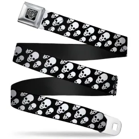 BD Wings Logo CLOSE-UP Full Color Black Silver Seatbelt Belt - Tilted Skulls Black/White Webbing