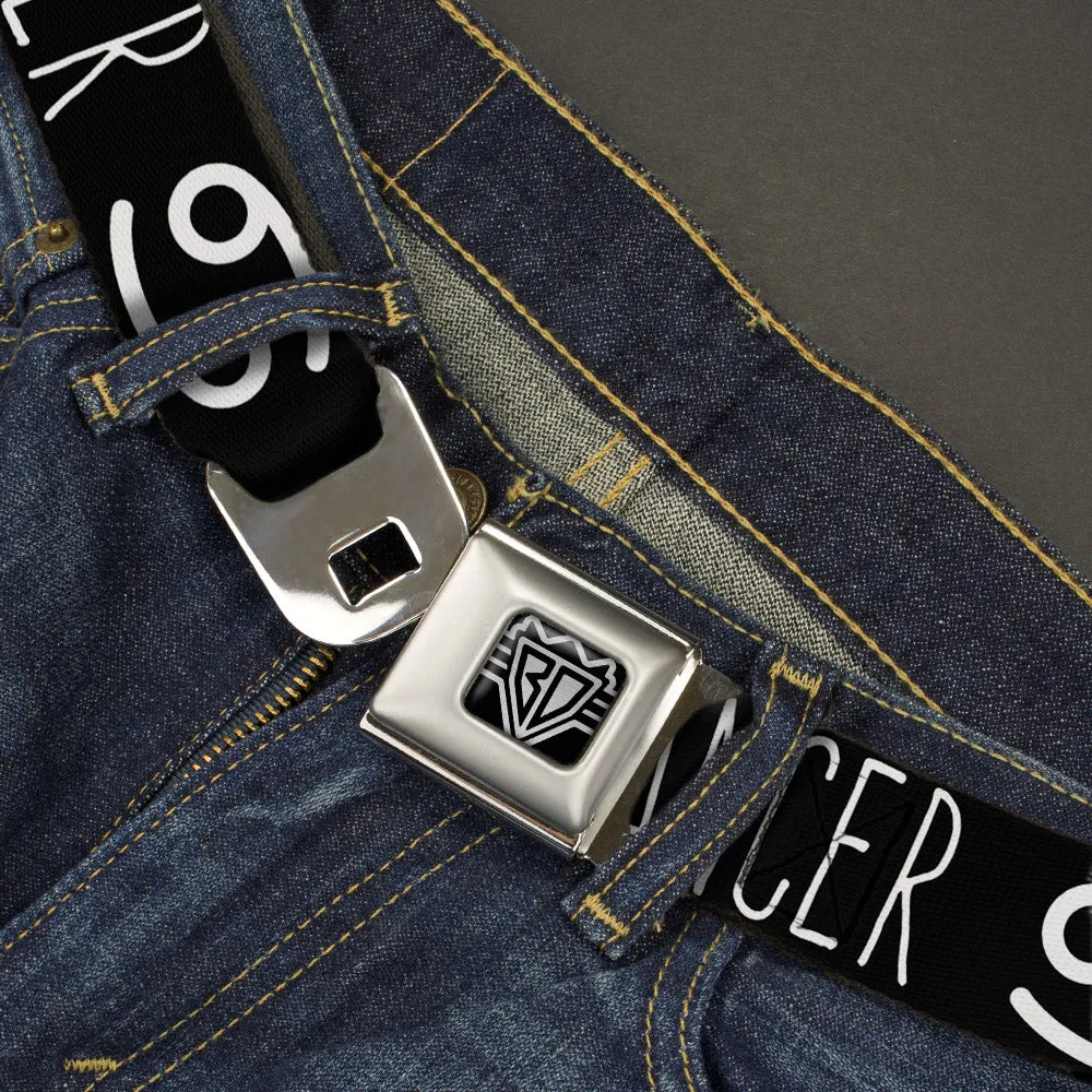 BD Wings Logo CLOSE-UP Full Color Black Silver Seatbelt Belt - Zodiac CANCER/Symbol Black/White Webbing