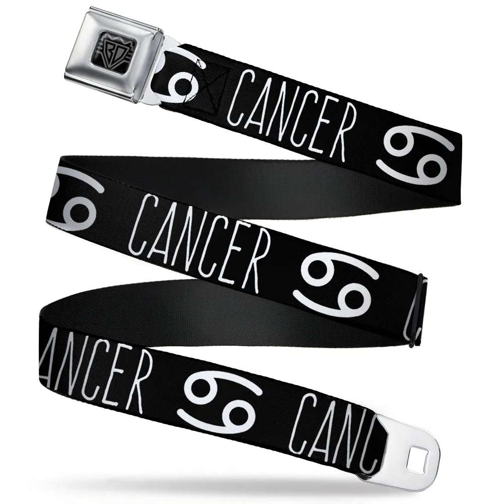 BD Wings Logo CLOSE-UP Full Color Black Silver Seatbelt Belt - Zodiac CANCER/Symbol Black/White Webbing