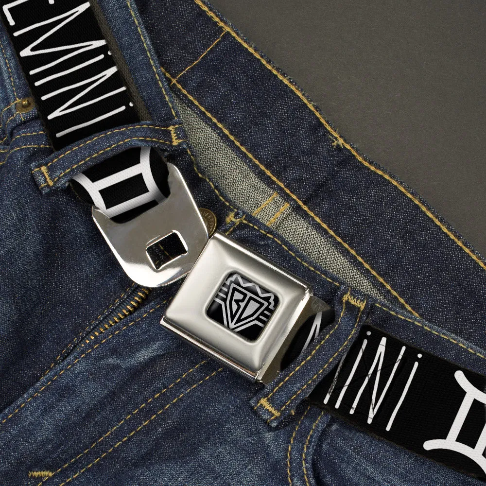 BD Wings Logo CLOSE-UP Full Color Black Silver Seatbelt Belt - Zodiac GEMINI/Symbol Black/White Webbing