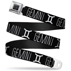 BD Wings Logo CLOSE-UP Full Color Black Silver Seatbelt Belt - Zodiac GEMINI/Symbol Black/White Webbing