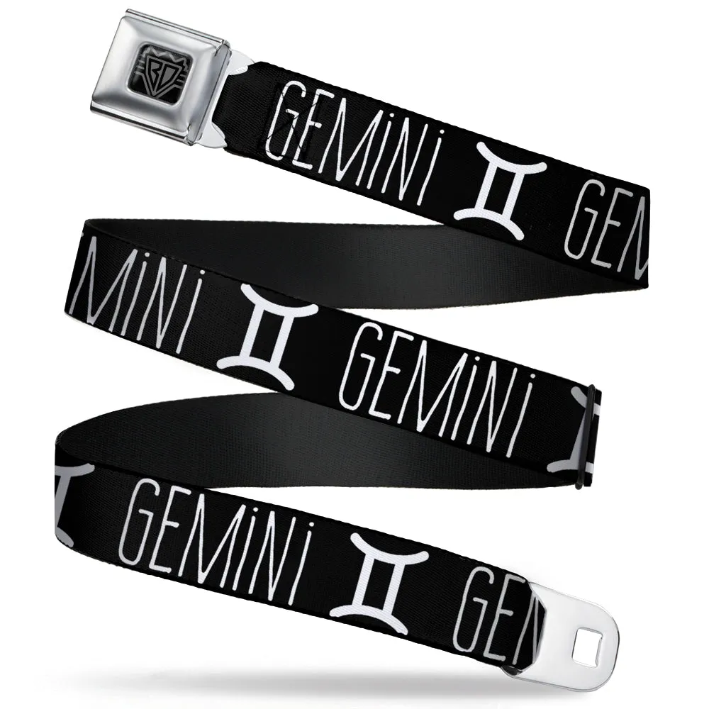 BD Wings Logo CLOSE-UP Full Color Black Silver Seatbelt Belt - Zodiac GEMINI/Symbol Black/White Webbing