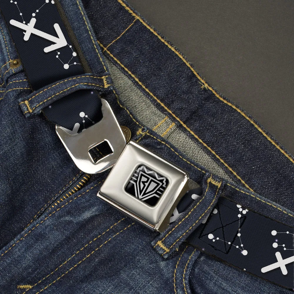 BD Wings Logo CLOSE-UP Full Color Black Silver Seatbelt Belt - Zodiac Sagittarius Symbol/Constellations Black/White Webbing