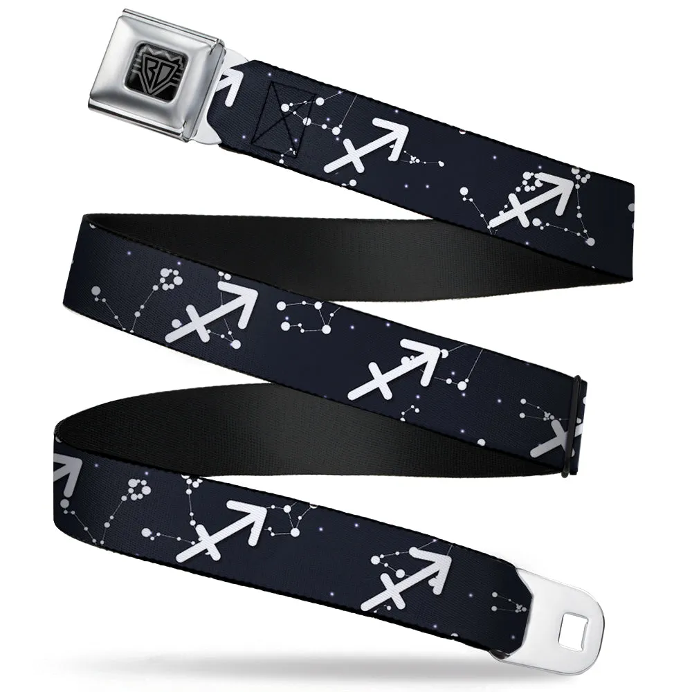 BD Wings Logo CLOSE-UP Full Color Black Silver Seatbelt Belt - Zodiac Sagittarius Symbol/Constellations Black/White Webbing