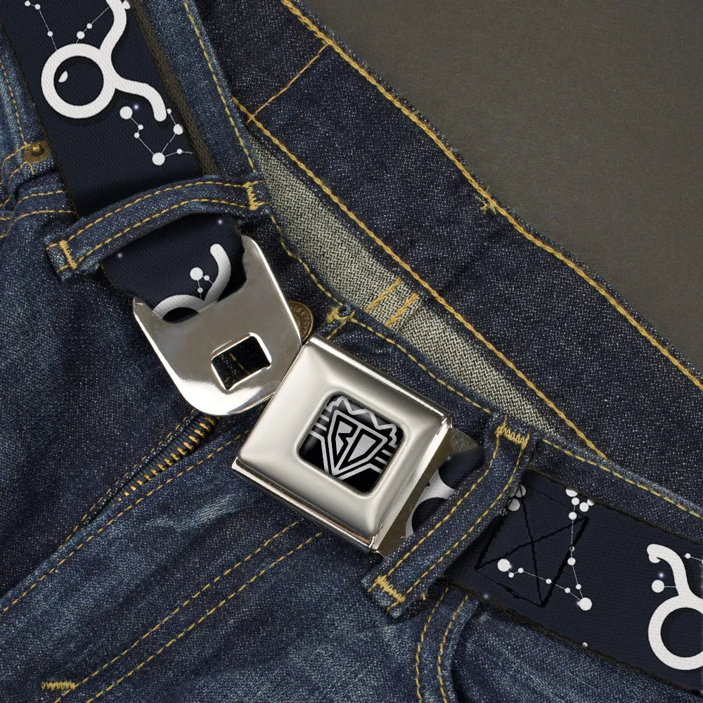 BD Wings Logo CLOSE-UP Full Color Black Silver Seatbelt Belt - Zodiac Taurus Symbol/Constellations Black/White Webbing