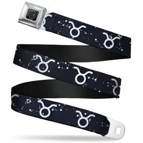 BD Wings Logo CLOSE-UP Full Color Black Silver Seatbelt Belt - Zodiac Taurus Symbol/Constellations Black/White Webbing