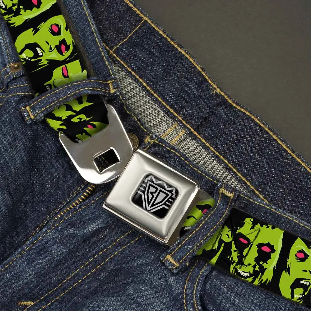 BD Wings Logo CLOSE-UP Full Color Black Silver Seatbelt Belt - Zombie Expressions Black/Green/Red Webbing