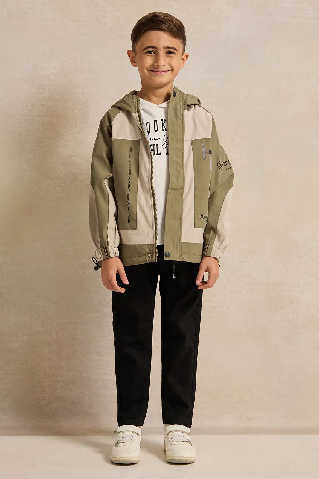 Boys Green And Beige Hooded Zip-Through Jacket