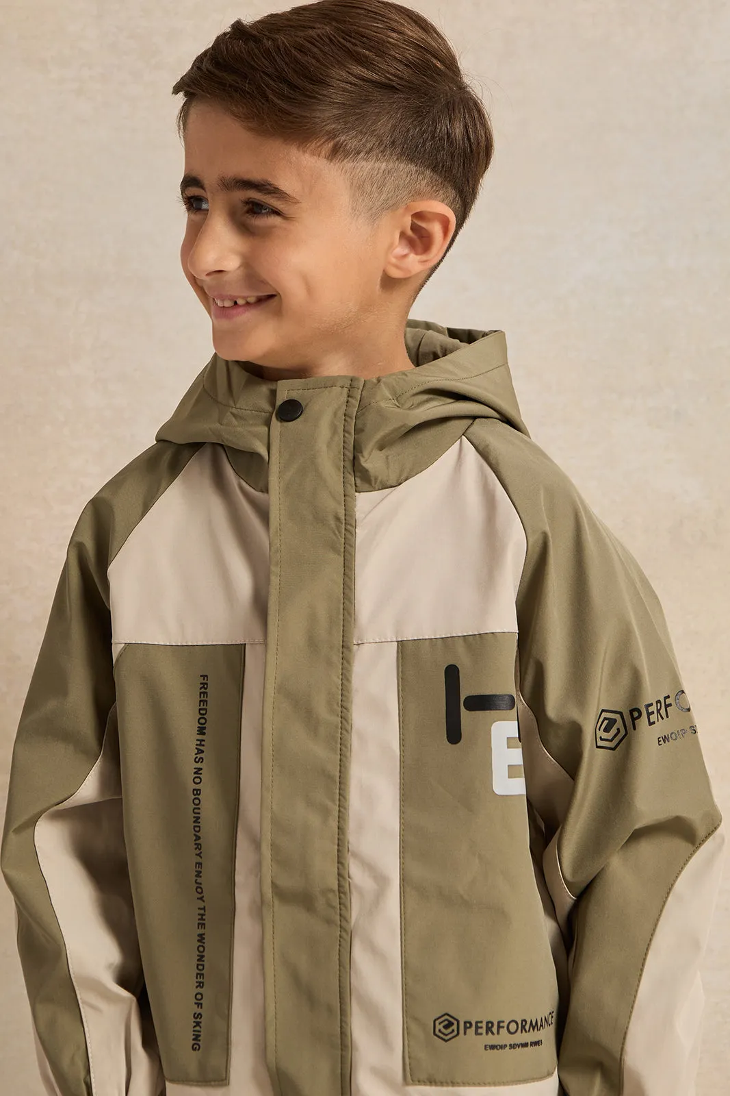 Boys Green And Beige Hooded Zip-Through Jacket